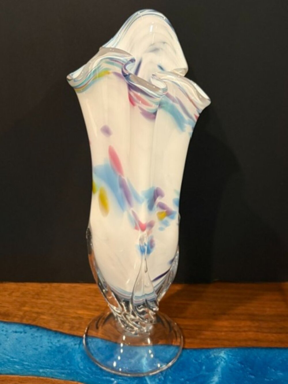 Marty White Elk Studio Art Glass Splatter Handkerchief 11" Vase 1999 Signed